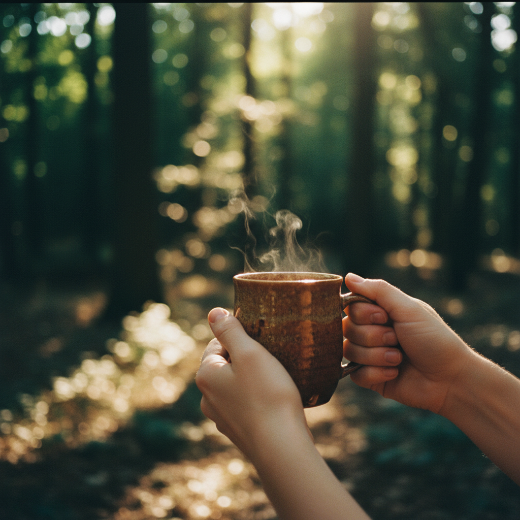 Whether you choose adventure or stillness, the community aspect remains a vital part of the experience. Hands holding a warm ceramic mug in a sun-dappled forest clearing during a retreat.