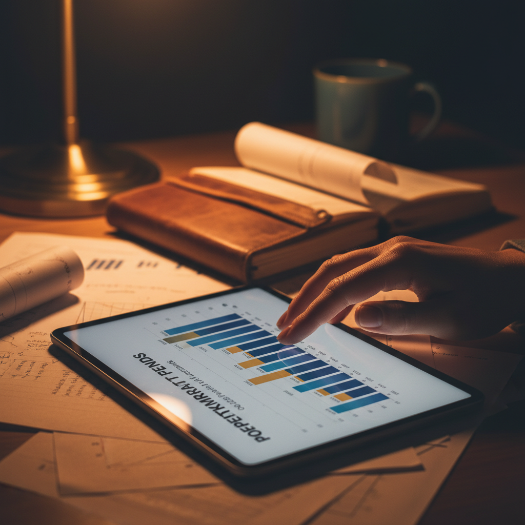 Modern investors use digital analytics to track rental yields and market trends in real time. A hand scrolling through real estate property data and bar charts on a digital tablet in a warm office setting.