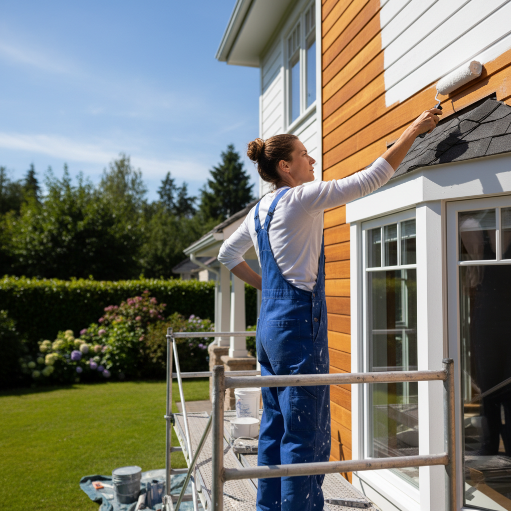 Professional application and thorough preparation are the foundations of a long-lasting exterior finish. A painter on scaffolding applying exterior paint to a residential home with precision and focus.