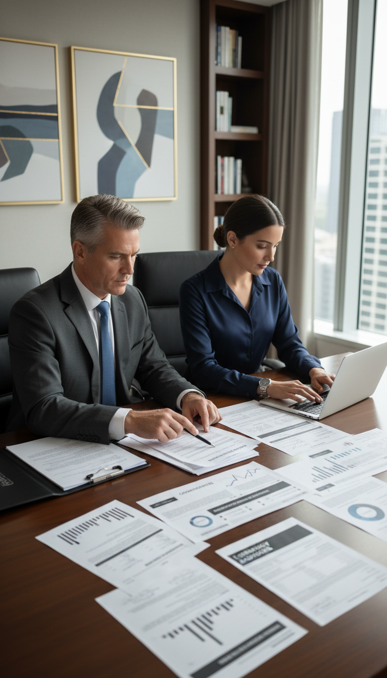Leadership collaboration turns audit data into actionable staff development strategies. Two professionals collaborating in a conference room to review compliance documents and strategy.
