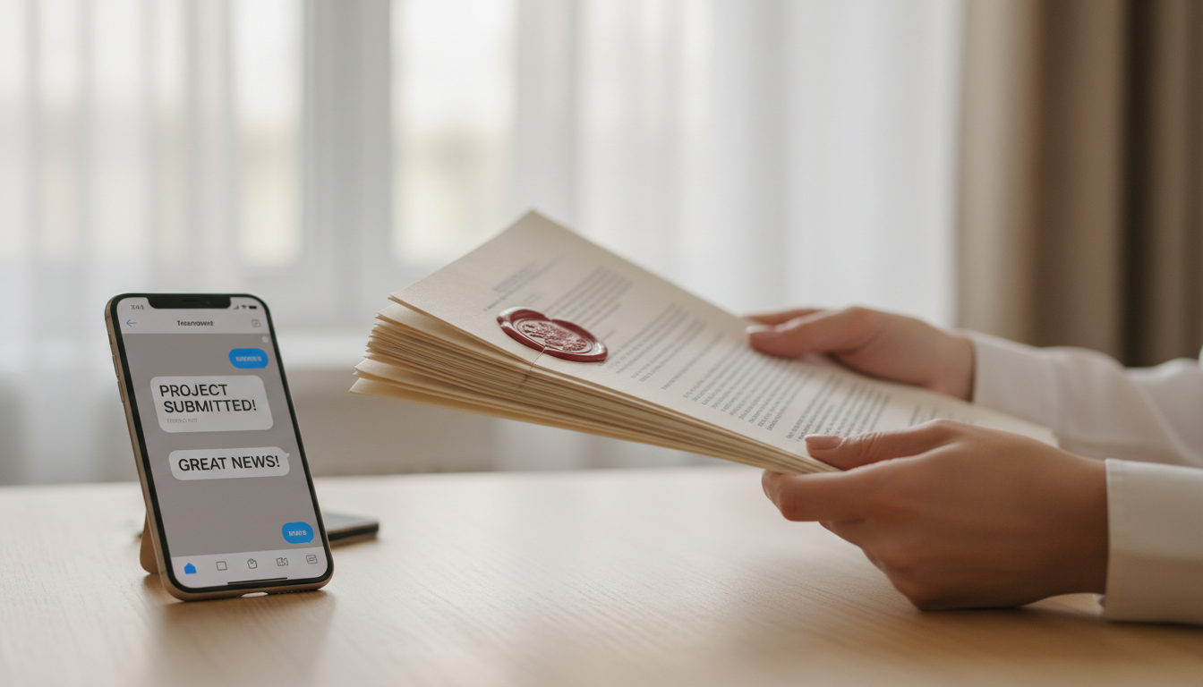 La gestión de documentos para el Golfo requiere precisión en cada sello consular. Persona sosteniendo una pila de documentos oficiales legalizados con sellos visibles sobre una mesa con smartphone