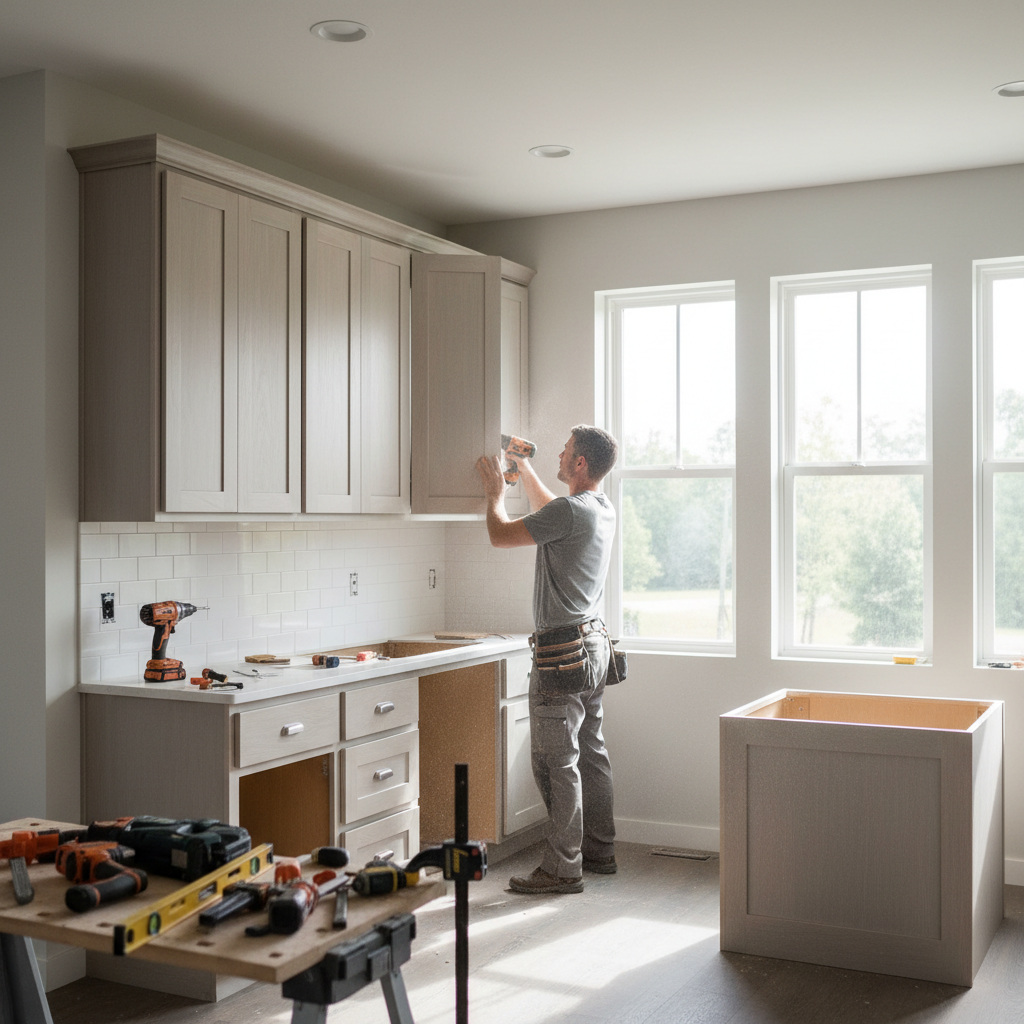 Full replacement allows for complete layout changes and professional structural alignment. Professional installer securing custom cabinetry to a kitchen wall during a full replacement project.