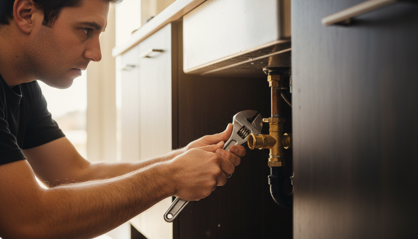 Knowing where your shutoff valves are located is a crucial part of winter plumbing safety. A skilled plumber installing a water shutoff valve beneath a kitchen sink to ensure easy access during emergencies.