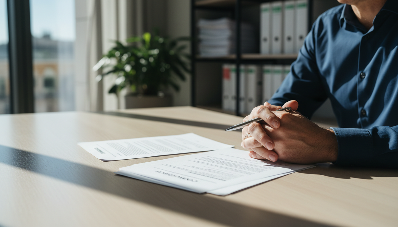 La correcta preparación de la documentación es vital para el éxito del arraigo familiar. Primer plano de documentos legales de residencia en España sobre una mesa de madera con luz natural.