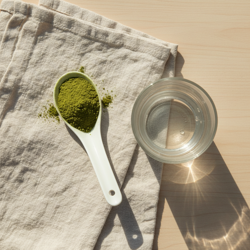 Consistent intake of antioxidants is key to seeing changes in skin clarity and immune health. An overhead flat lay of a white ceramic spoon heaped with fine green powder beside a glass of water.