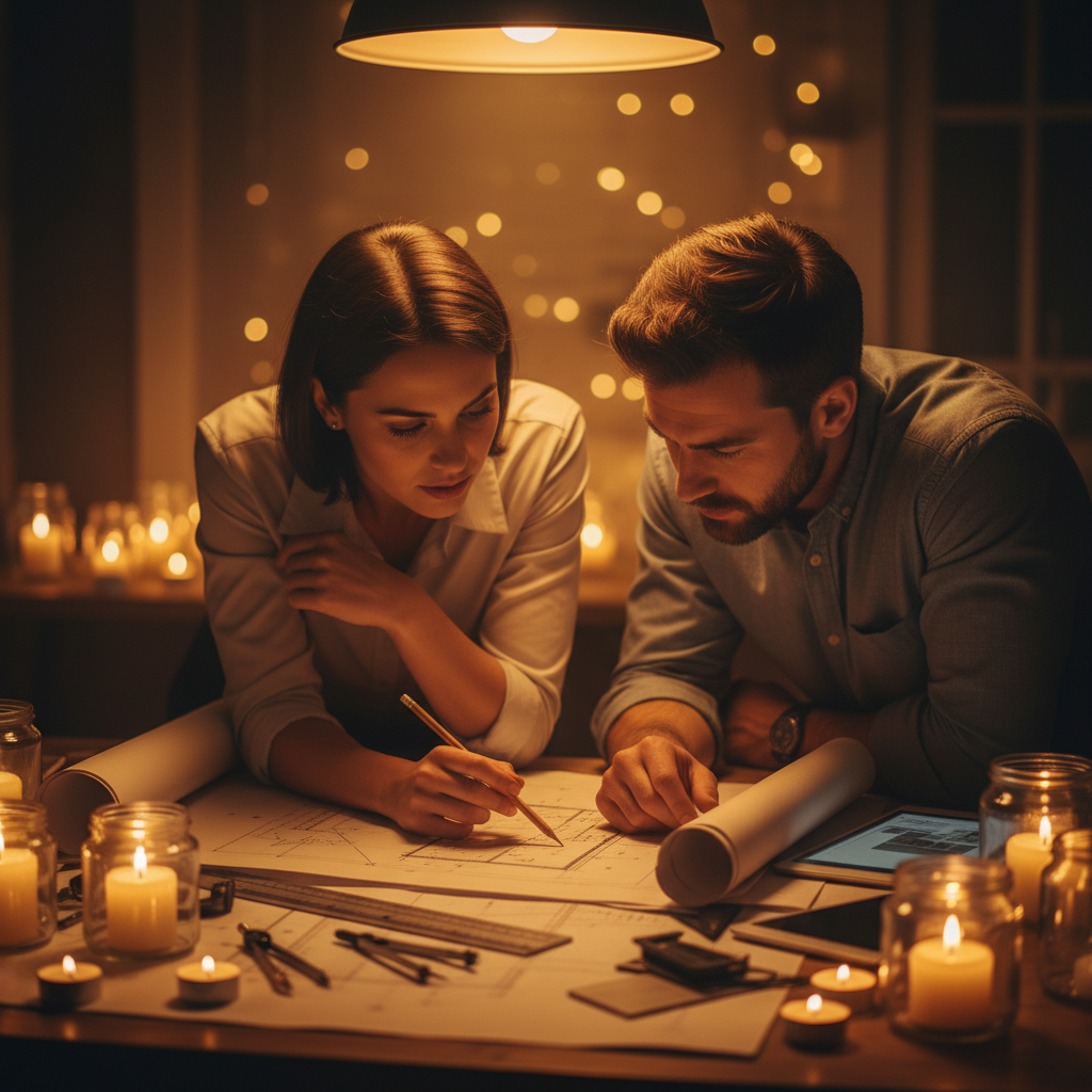 Collaborative problem solving between the client and the production team is essential for success. Two manufacturing professionals in a focused discussion over technical drawings at a workbench.