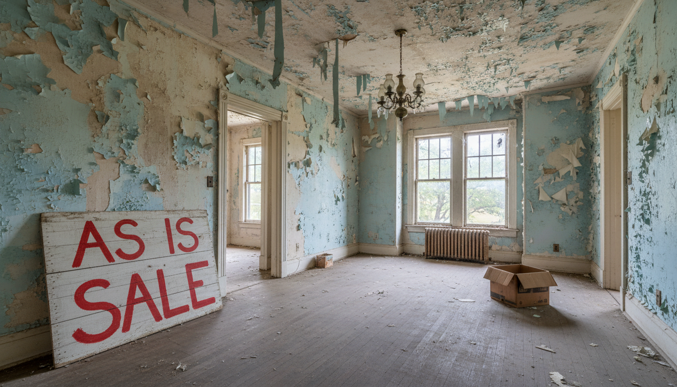 Properties in 'as is' condition require careful appraisal to ensure they meet lender livability standards. A worn interior of an old house with peeling paint and hardwood floors illustrating an as is sale condition.