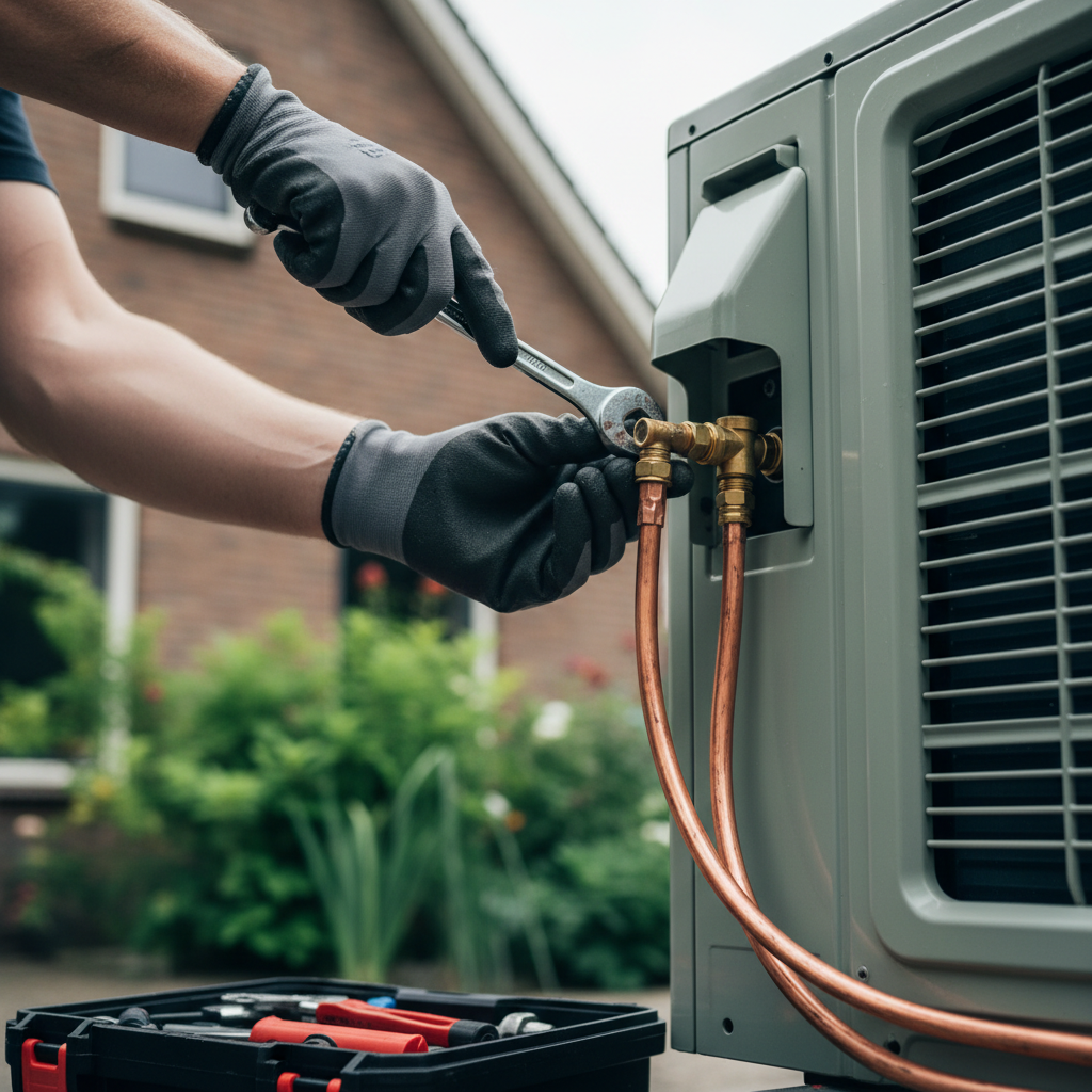 Professional installation ensures quiet operation and maximum efficiency of your system. Technician hands connecting copper refrigerant lines to an outdoor unit in a garden setting.