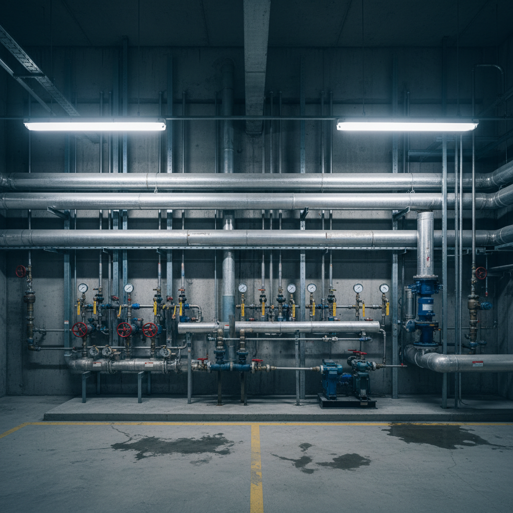 Knowing the location of your main shut off valve is the first step in emergency plumbing preparedness. A wide shot of organized water lines and shut off valves in a mechanical room.