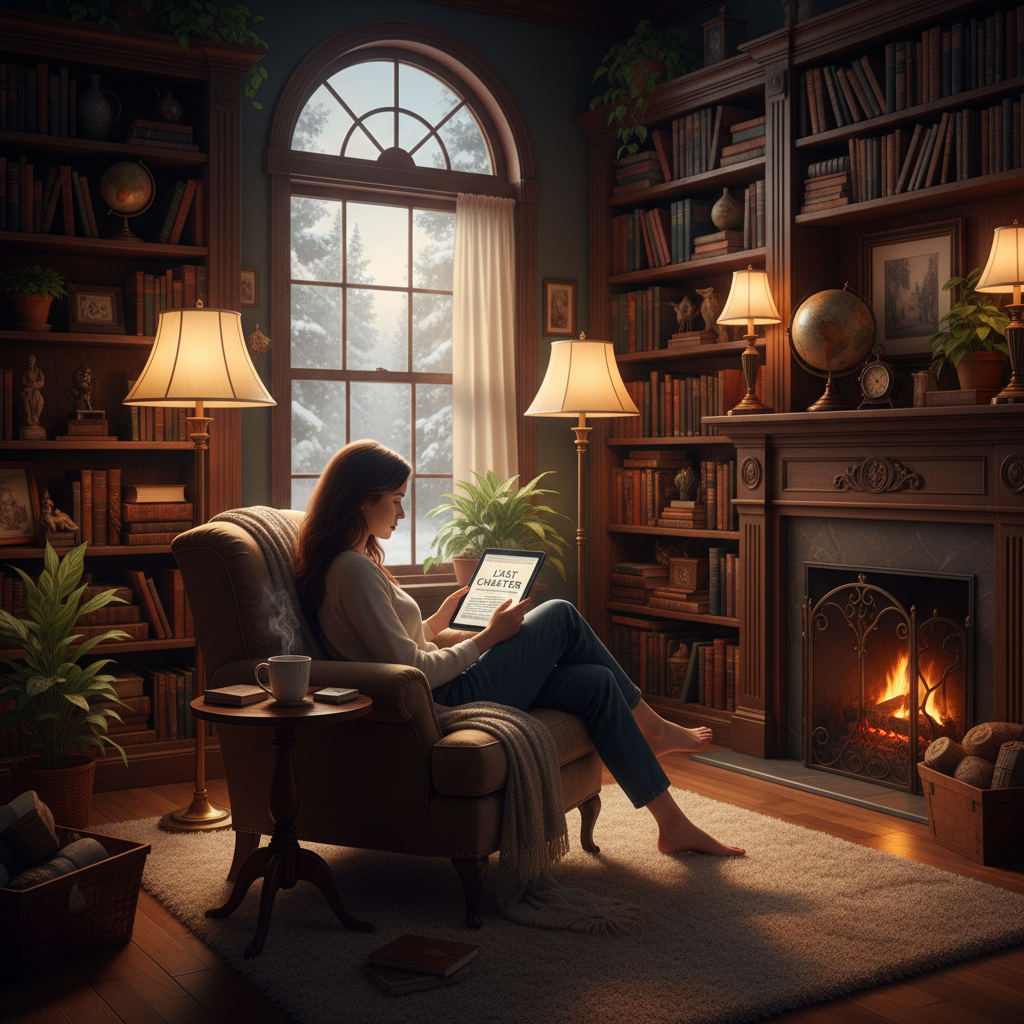 Digital reading offers the convenience of an entire library in the palm of your hand. Person reading an ebook on a digital tablet in a cozy library with warm lighting.