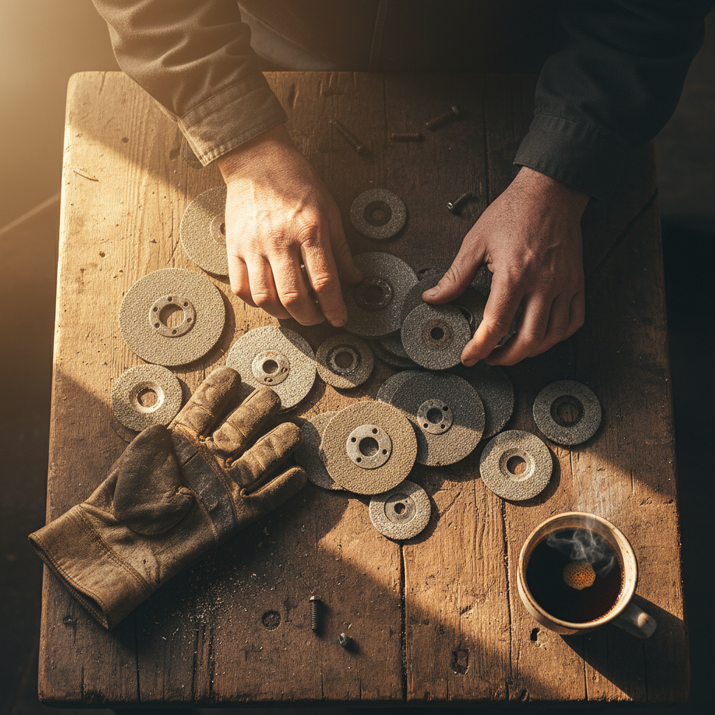 Selecting the right abrasive grain is the first step toward a professional finish. Overhead close up of a person's hands sorting through various abrasive grinding discs on a wooden workbench.