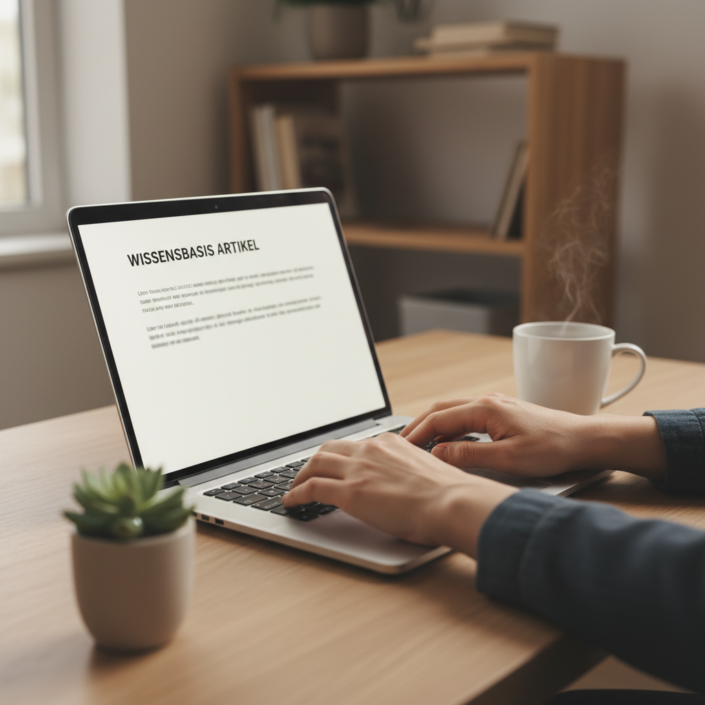 Effizienz im Fokus: Die Pflege der Wissensdatenbank ist die Basis für präzise KI-Antworten. Hände tippen auf einer Laptop-Tastatur und bearbeiten eine Wissensdatenbank für automatisierte Kundenantworten.