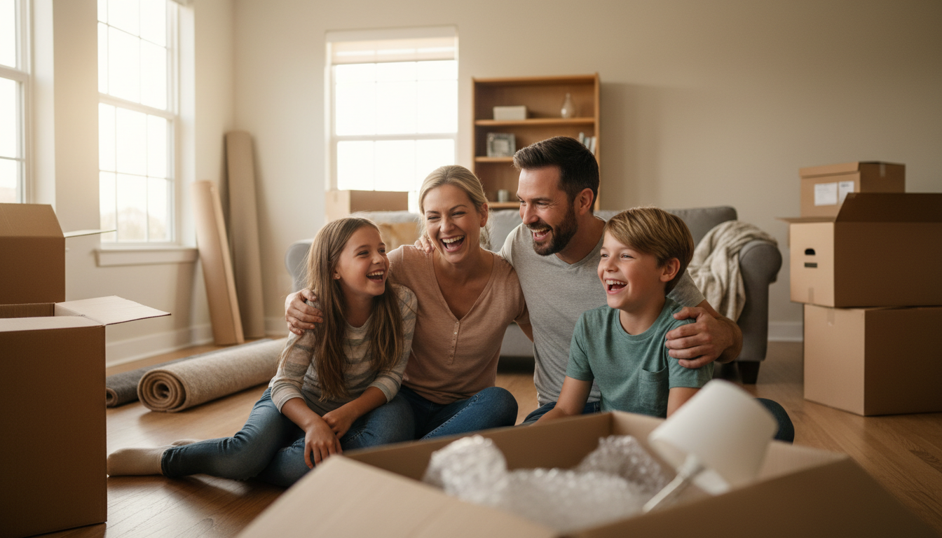 The first week in your new home is about safety checks, unpacking, and community connection. Family laughing together in their new GTA living room surrounded by moving boxes during the settling-in process