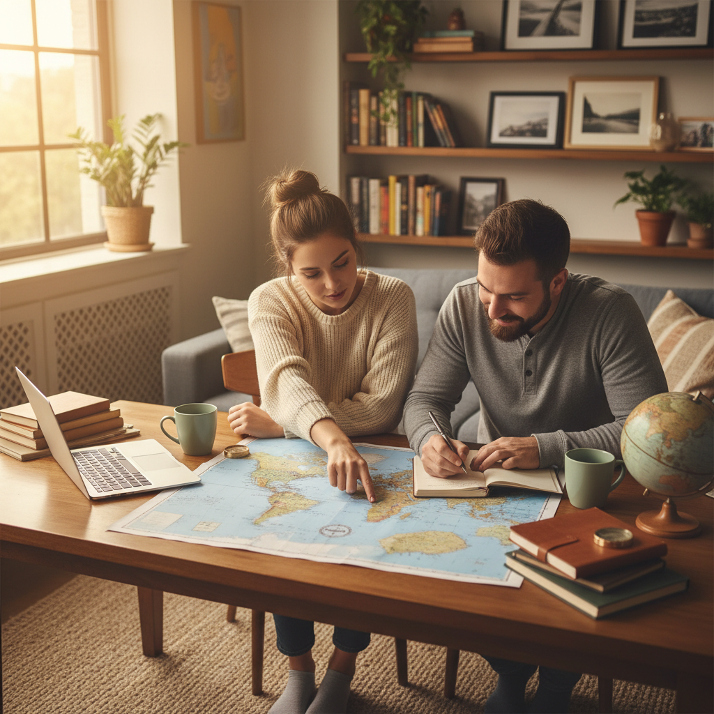 Planning your September getaway early helps you secure the best shoulder-season rates from Hyderabad. A couple at home sitting together and sketching out a flexible travel plan using maps and notes.