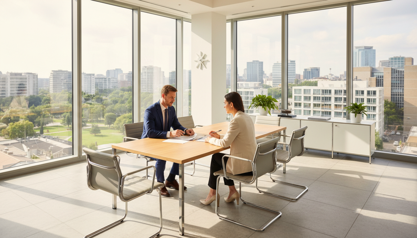 Understanding the net recovery of your settlement is as important as the gross amount. An attorney meeting with a client in a bright modern office to discuss the breakdown of a personal injury settlement.