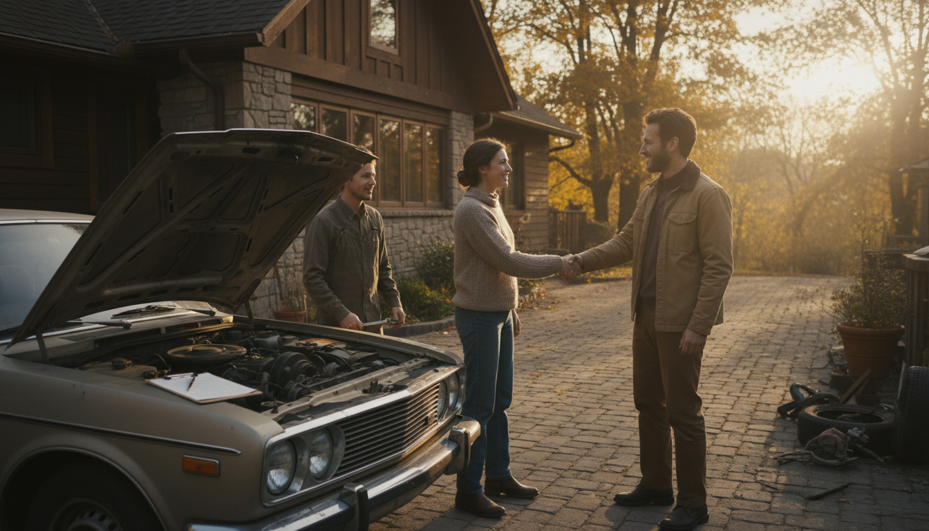 Using an OBD2 scanner during a pre-purchase inspection can reveal hidden mechanical issues. A person inspecting a used car with the hood up in a driveway during a pre-purchase inspection