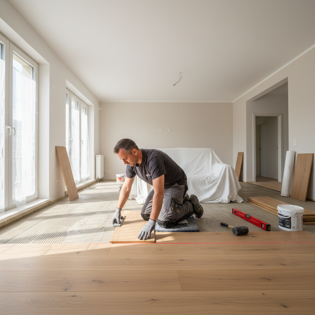 Professional installation impacts the total cost and final quality of your flooring. A flooring specialist kneeling in a bright residential room while installing new flooring planks with precision.
