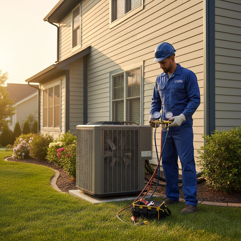 Cleaning outdoor condenser coils is a critical part of our spring AC tune-up checklist. HVAC technician inspecting an outdoor air conditioning unit at a Glendale CA residence.
