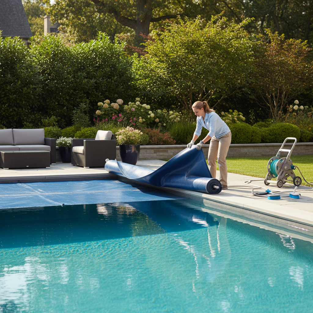 Securing outdoor amenities like pools is a critical step in storm season prep. Homeowner securing a pool cover as part of a seasonal closing and storm preparedness routine.