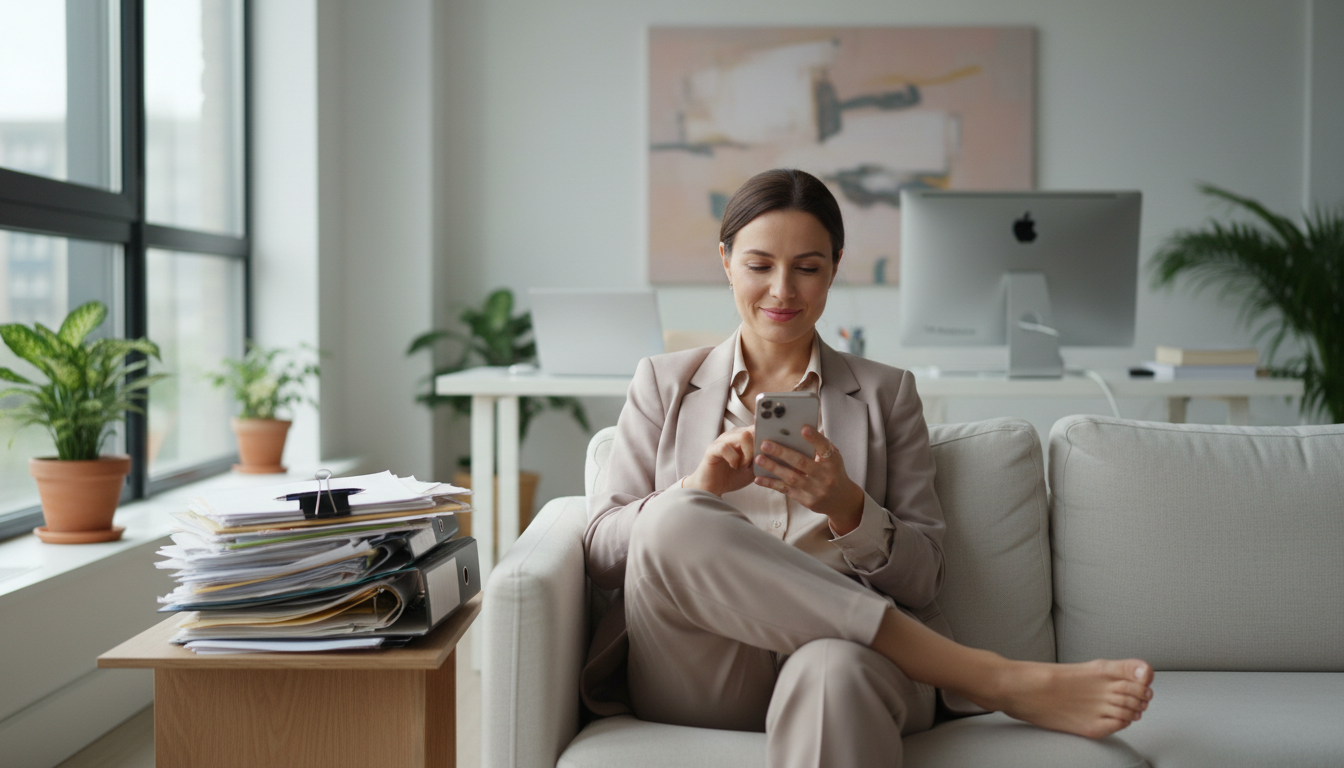 The mental load often feels like an invisible weight that never truly goes away. A woman sitting on a sofa looking at her phone with a stack of paperwork on a side table.