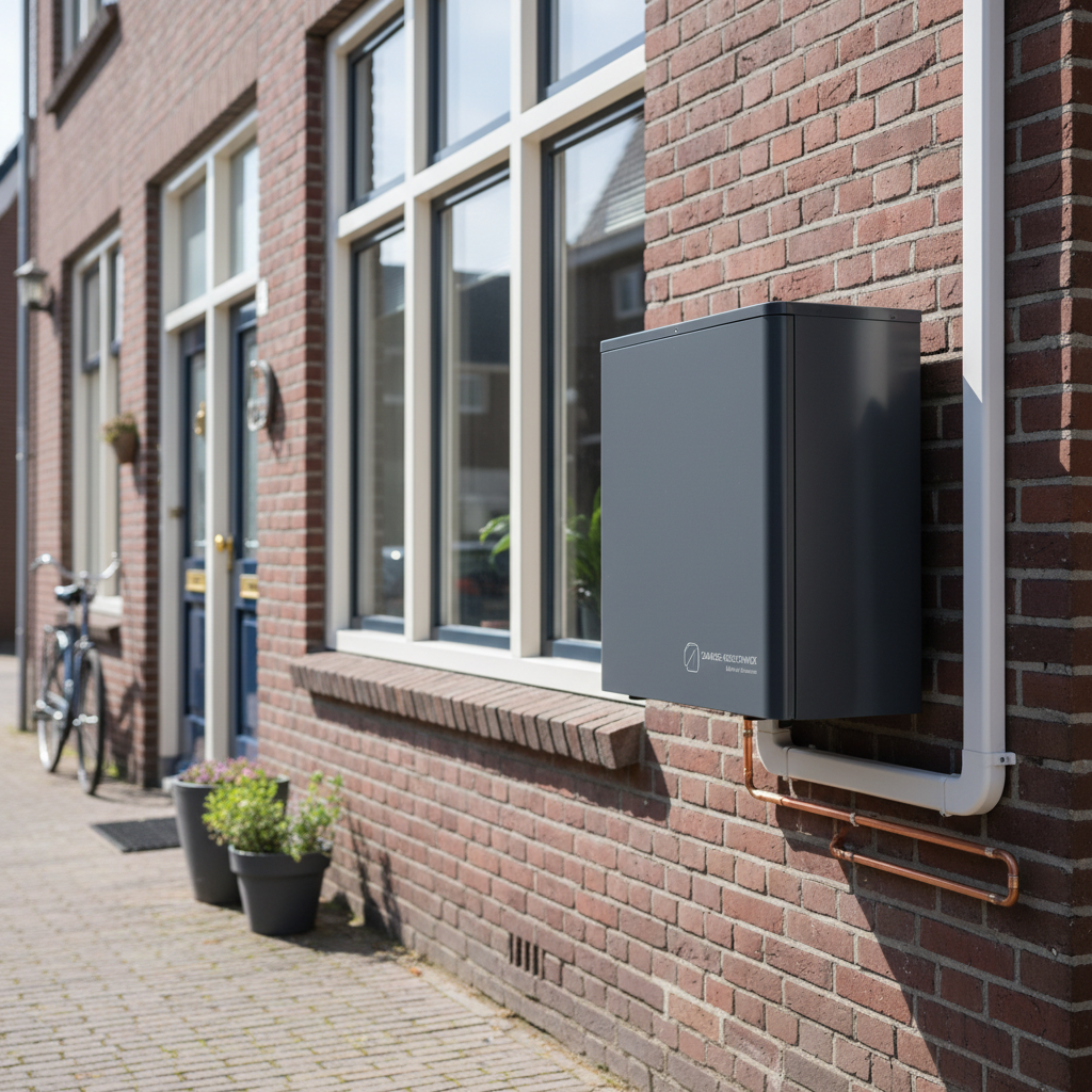 De locatie van de buitenunit ten opzichte van de erfgrens bepaalt of u aan de wettelijke dB-normen voldoet. Een buitenunit van een warmtepomp of airco geïnstalleerd bij een typische Nederlandse rijtjeswoning in Krommenie.