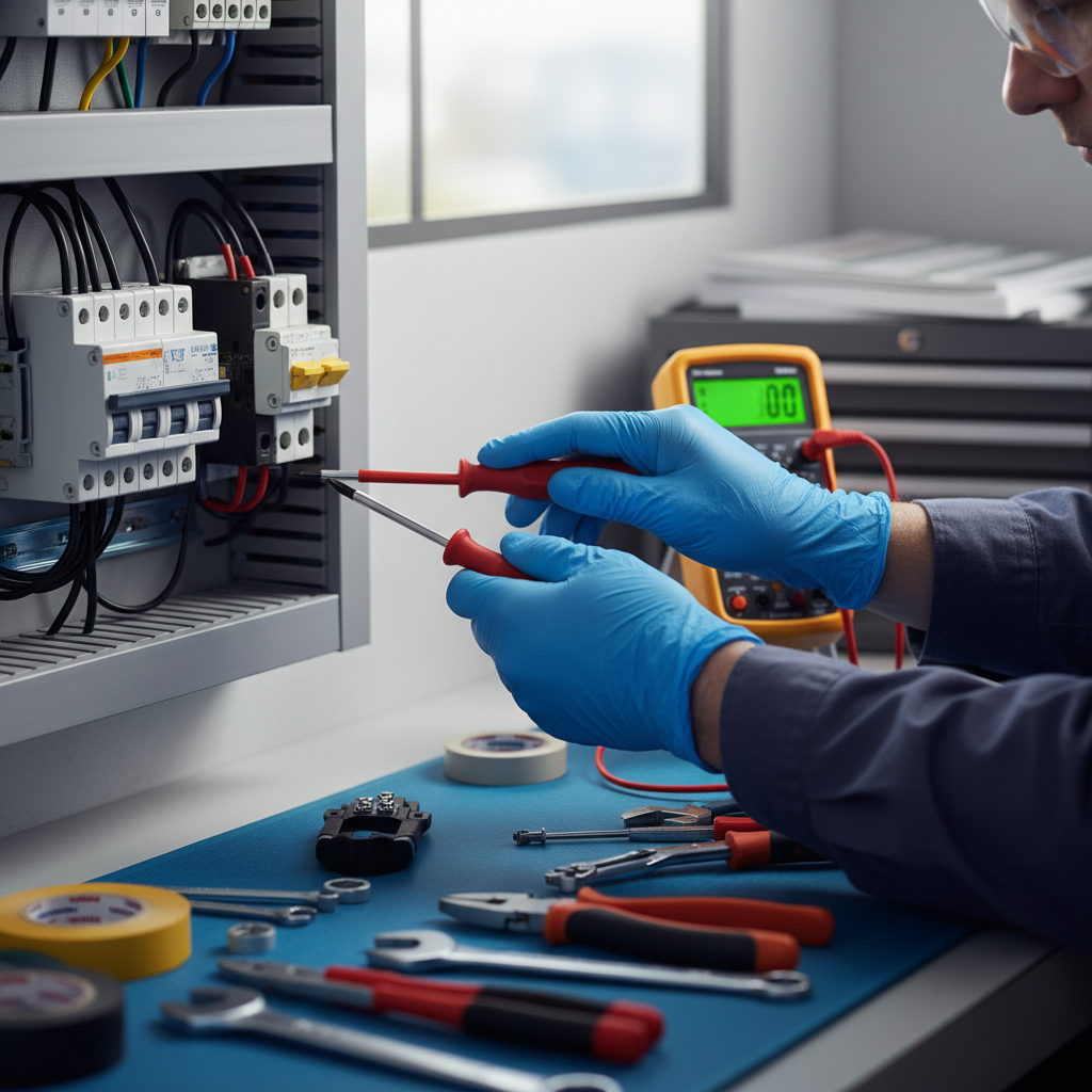 Regular preventative maintenance helps identify potential failures before they cause business downtime. Close-up of technician hands performing routine maintenance on a circuit breaker panel with testing tools.