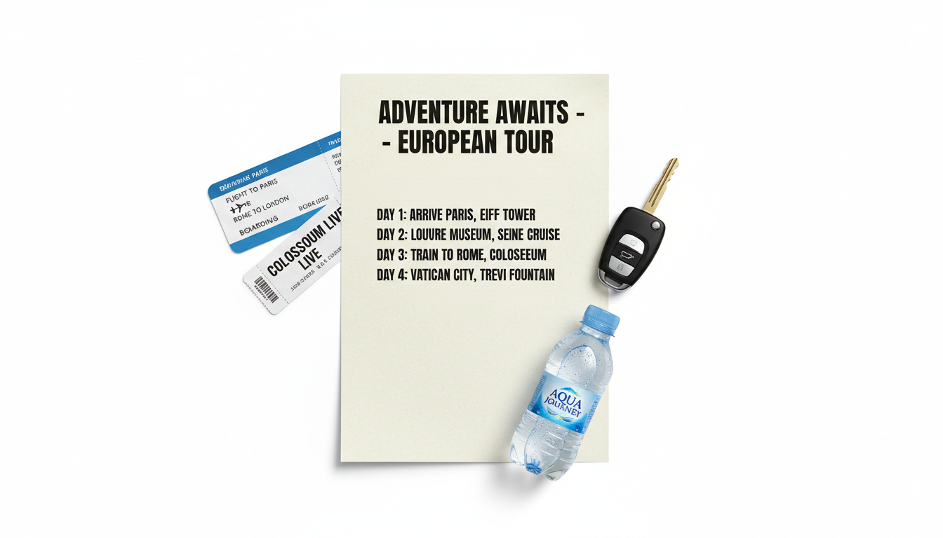 Advanced planning and pre-arranged tickets are the best defense against common tourist scams. A flat-lay of a pre-planned tour itinerary with tickets and keys, representing a well-organized trip.
