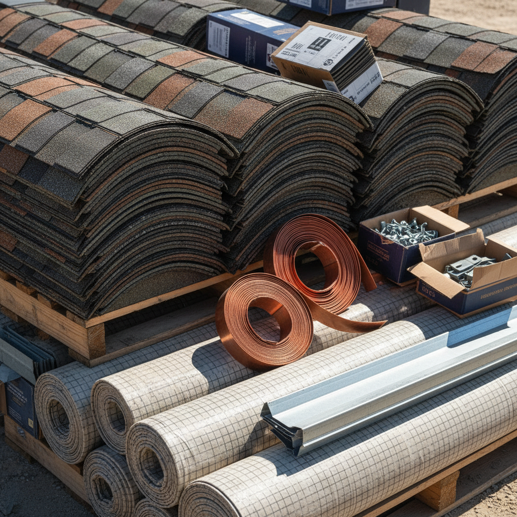 Quality underlayment and flashing are the secret to a leak-free roof in heavy snow areas. A stack of quality roofing materials including underlayment and flashing.