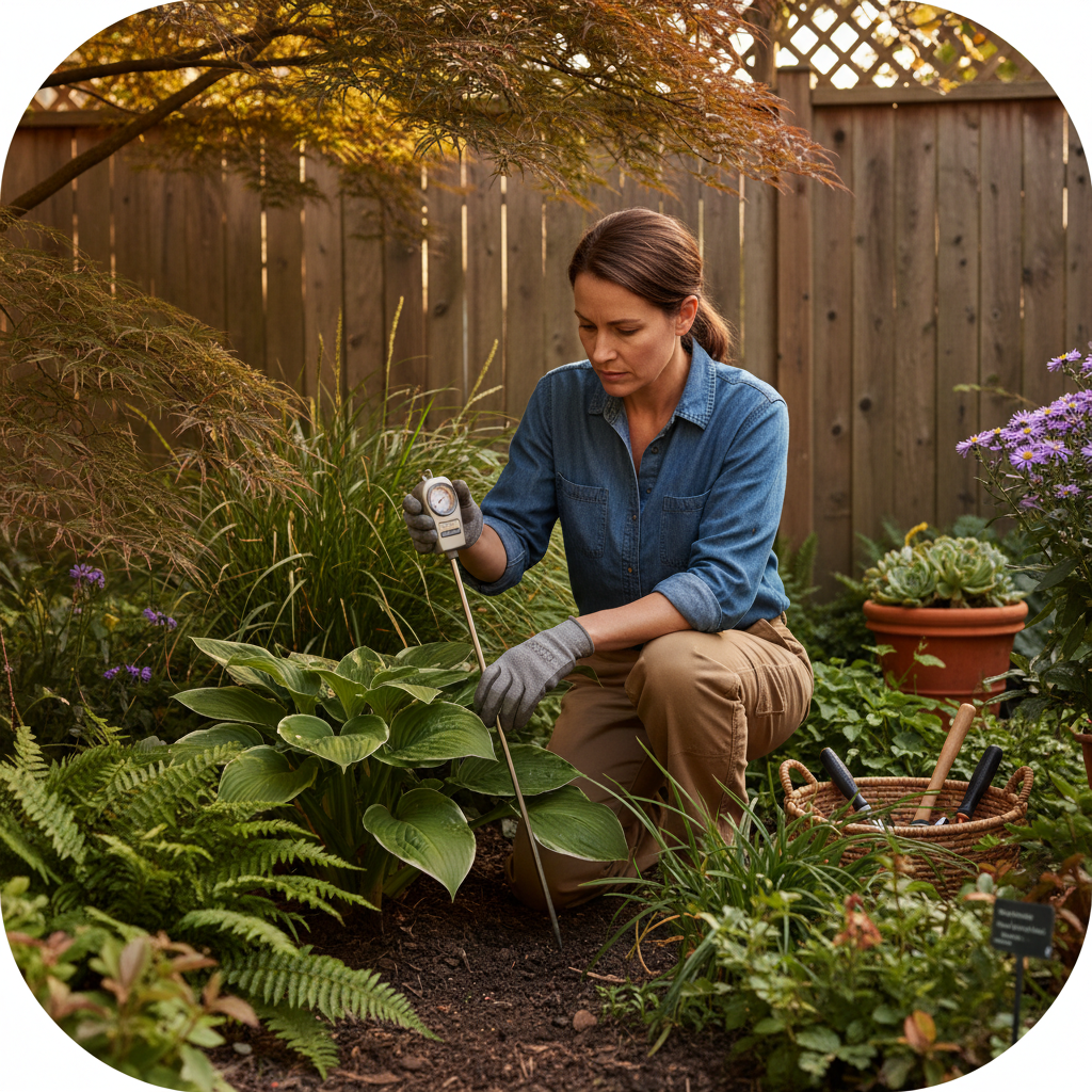 Professional guidance ensures your soil preparation leads to long term horticultural success. A professional horticulturist assessing plant health and soil moisture in an established landscape.