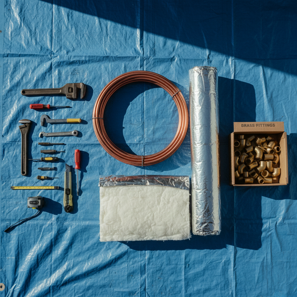 Het nauwkeurig in kaart brengen van de ruimte is de eerste stap naar een perfecte installatie. Overhead shot of installation tools, copper tubing, and fittings organized on a blue tarp.