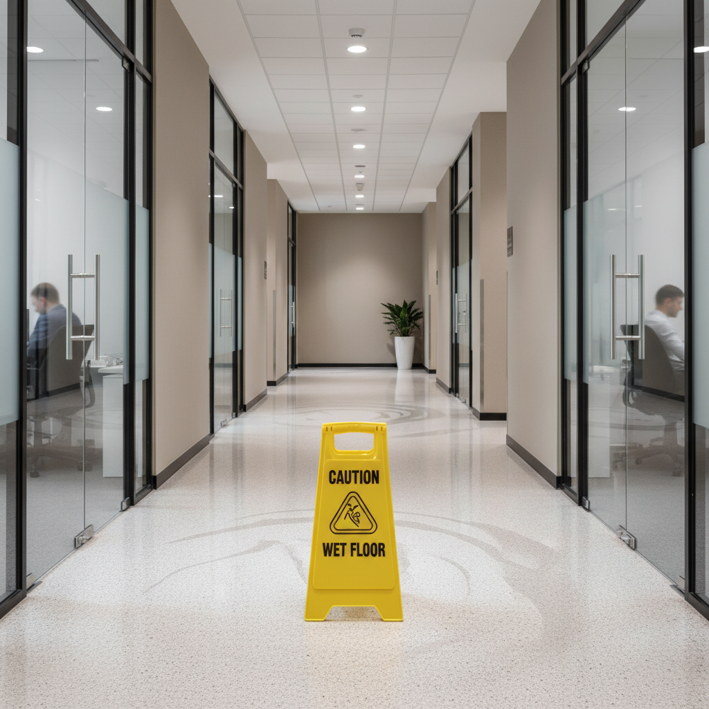 Local businesses have a responsibility to keep premises safe for Eau Claire residents. A yellow caution wet floor sign in a commercial hallway, indicating a potential slip and fall hazard.