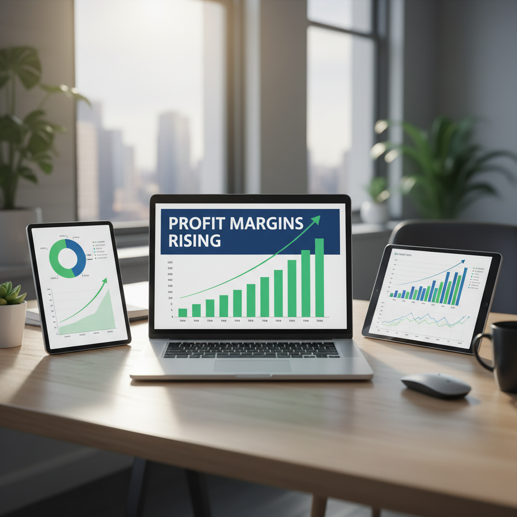 Accurate capacity reporting directly correlates to improved agency profit margins. Business charts on a desk showing rising profit margins alongside a laptop screen with data.