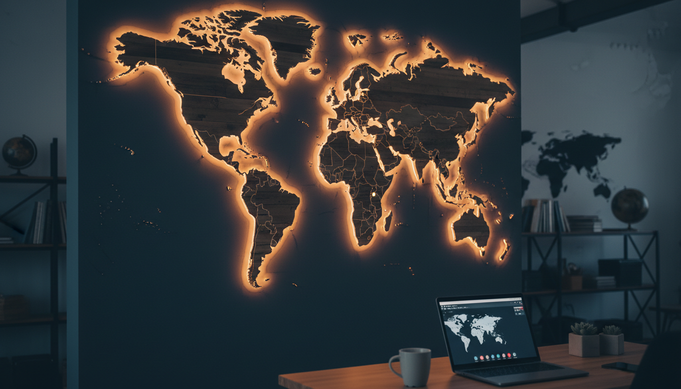 From Berlin to the world: MoneyGram, RIA and Western Union reach over 200 countries. Illuminated world map on office wall showing international money transfer destinations and global connectivity