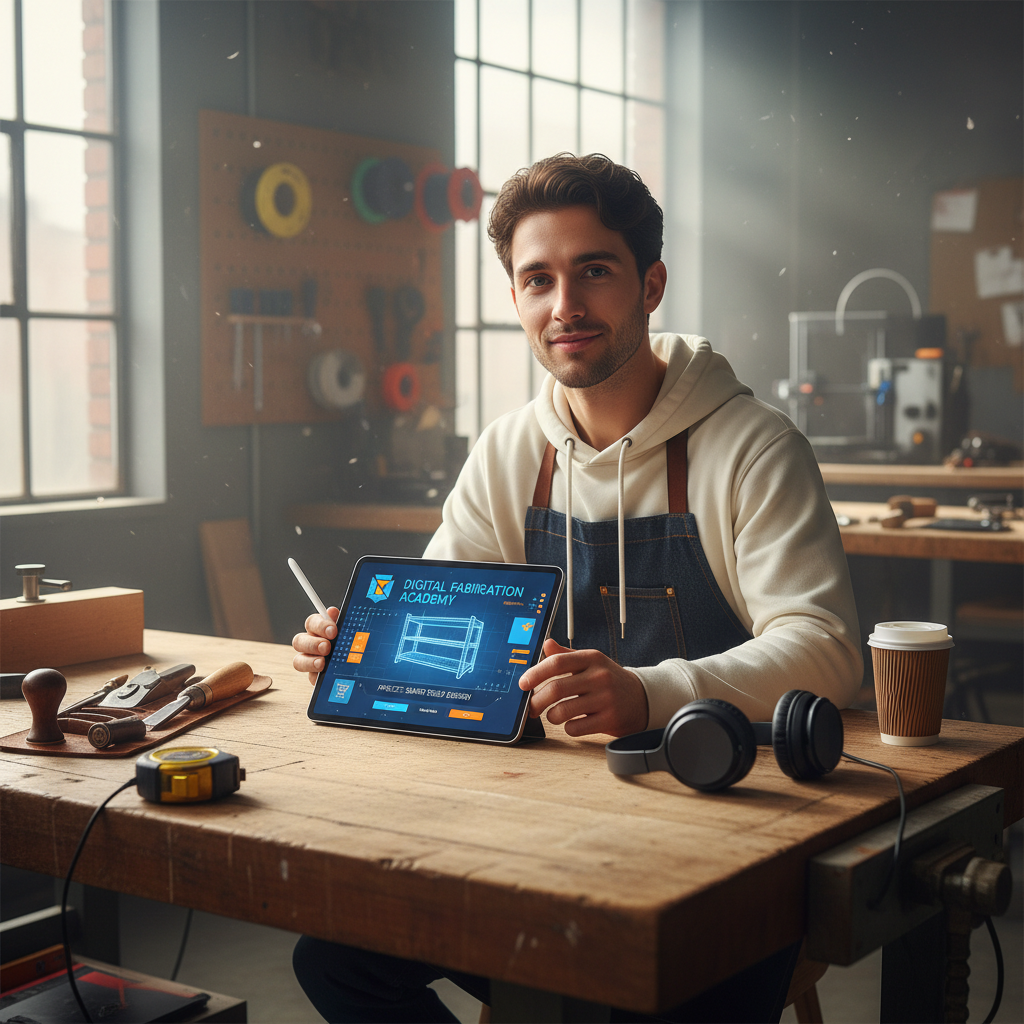 The modern workbench includes both digital interfaces and traditional manual tools. A student using a laptop at a workbench with traditional tools nearby, showing the integration of digital and physical work.