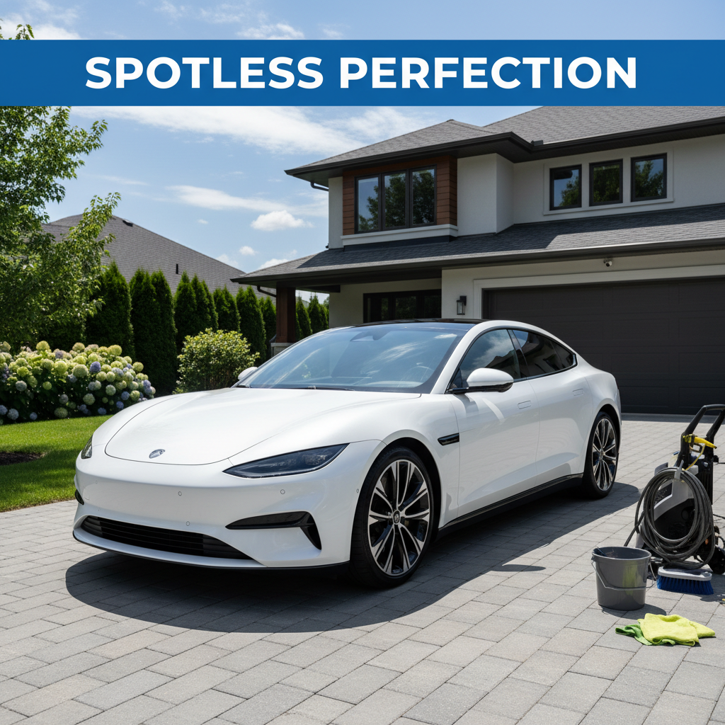 A monthly membership keeps your vehicle looking this sharp without lifting a finger. Completely detailed car parked in a residential driveway with sunlight reflecting off an immaculate finish