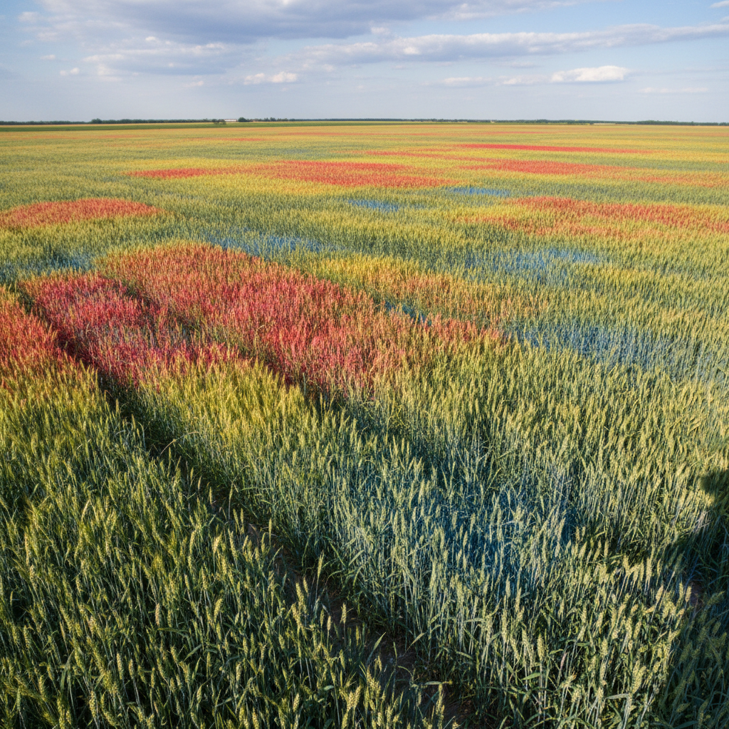 Multispectral NDVI maps provide the analytical depth required for PRF1 precision farming actions. Low perspective view of a wheat field with a multispectral NDVI overlay showing crop health variations in red and green.