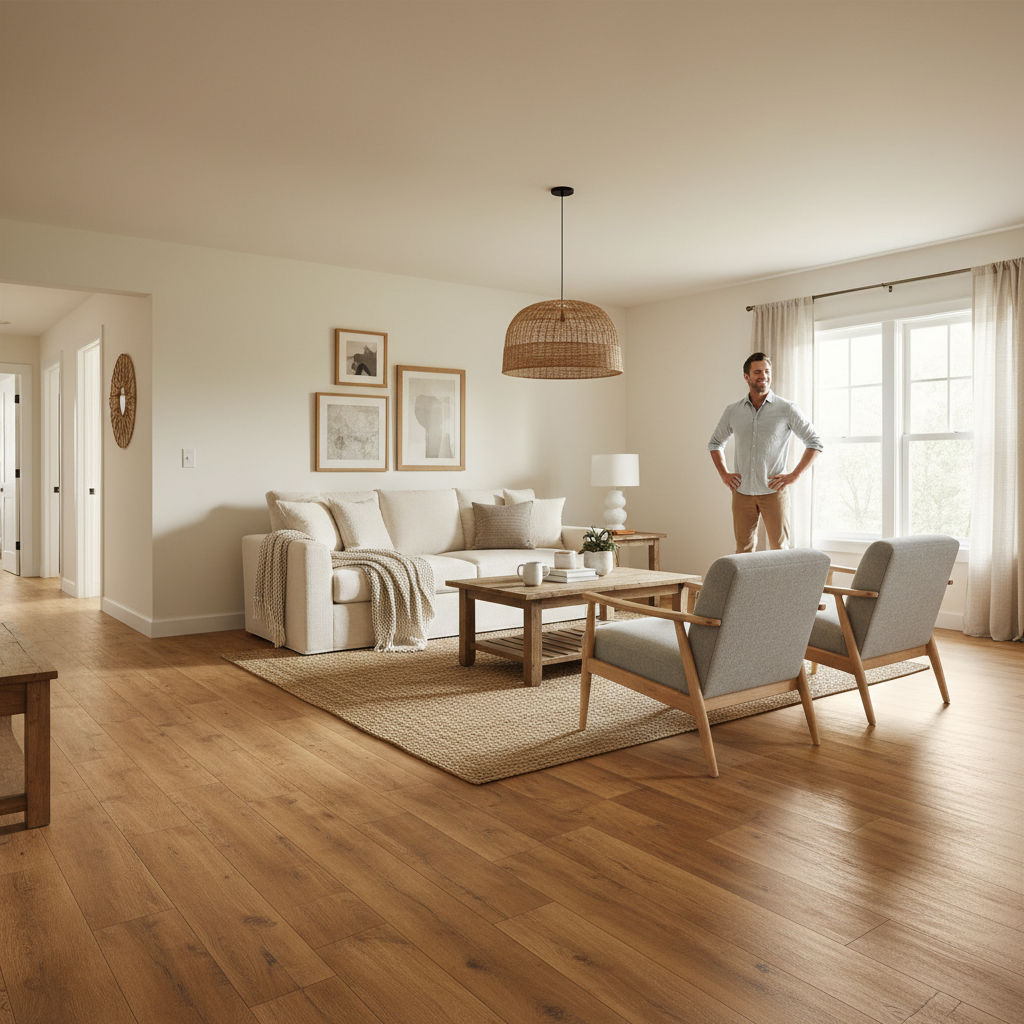 LVP provides a seamless, durable look that withstands the rigors of a busy household. A completed residential living room featuring durable wood-look vinyl flooring in a natural setting.