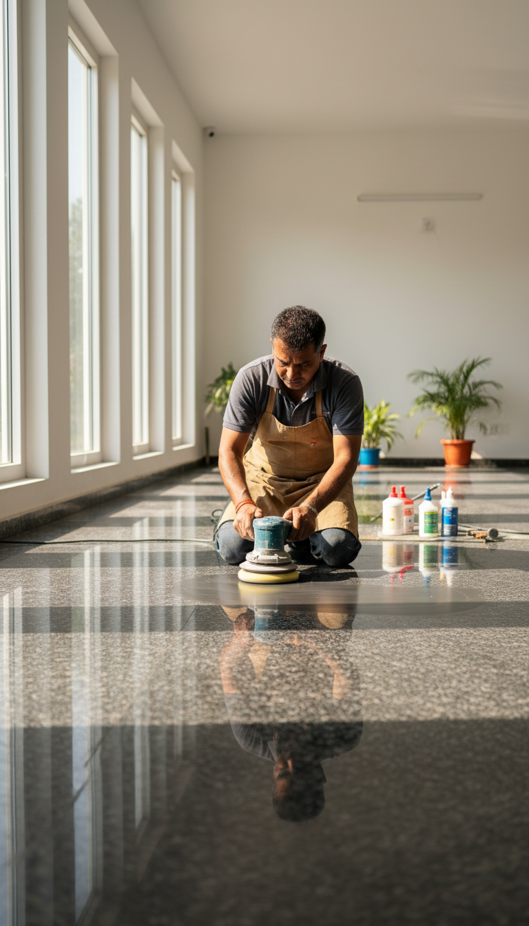 Professional restoration is often the only way to reverse deep hard water damage. A stone restoration professional carefully polishing a marble surface in a sunlit Bangalore home.