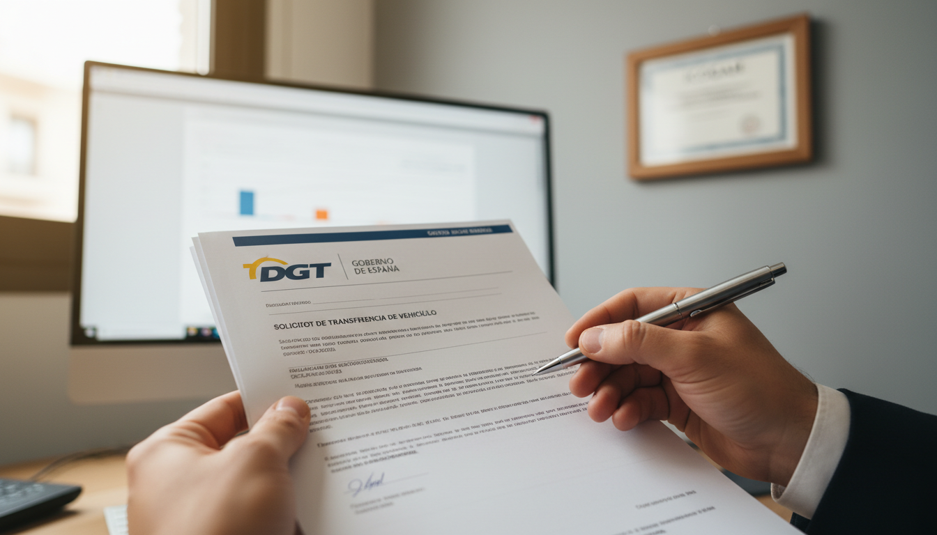 La gestión profesional es clave para asegurar que la transferencia de tu vehículo histórico sea válida. Manos de un gestor administrativo colegiado revisando documentos oficiales de la DGT para un coche clásico