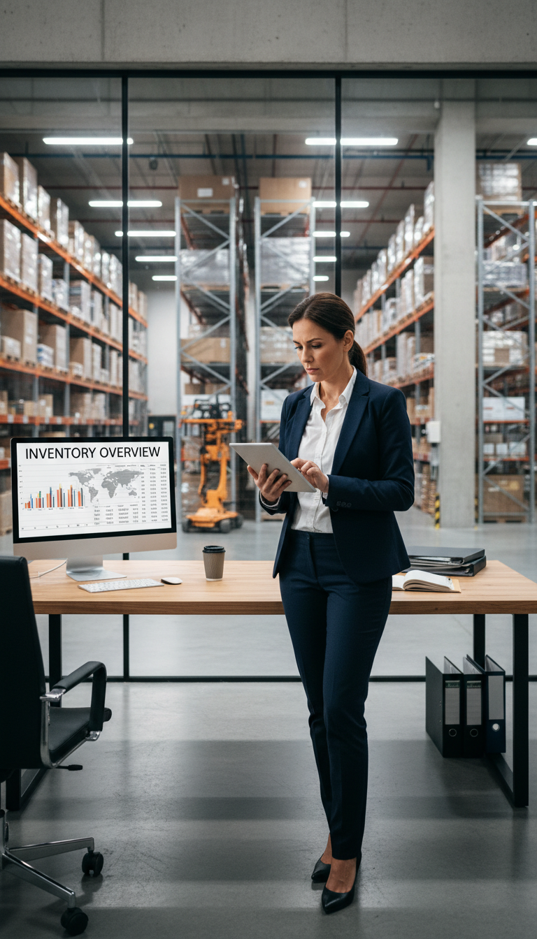 A structured assessment identifies where technology and human processes are failing to align. Logistics manager in a modern warehouse office reviewing inventory reports on a tablet to identify operational bottlenecks.