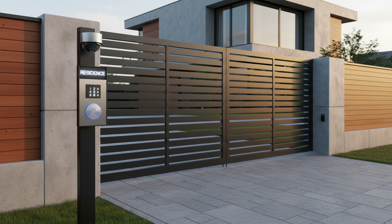 Automated gate systems provide both security and convenience for Fort Wayne business owners. Modern automatic driveway gate entry system with integrated security camera for a commercial property.