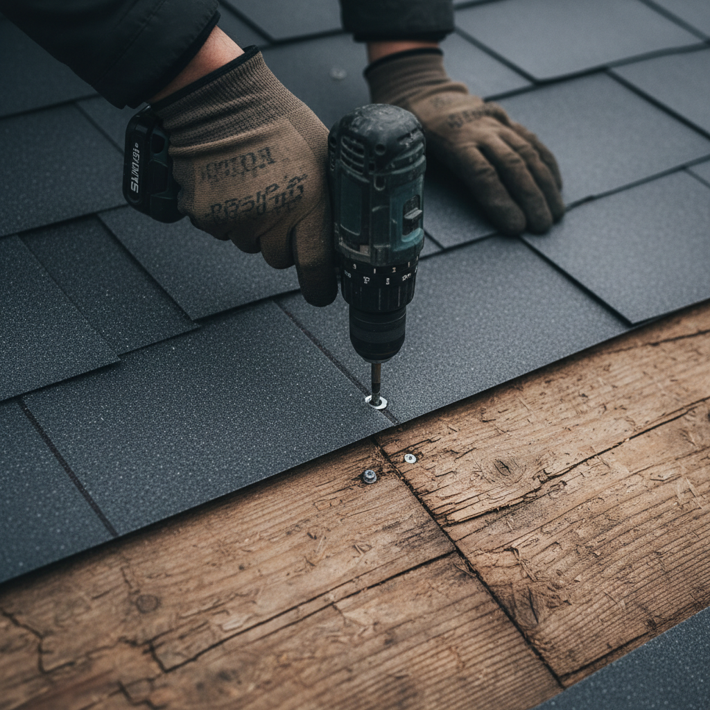 Quality installation of UV-resistant materials is critical for Utah's high-elevation homes. A roofer's hands using a power drill to secure metal roofing shingles against weathered wood sheathing.