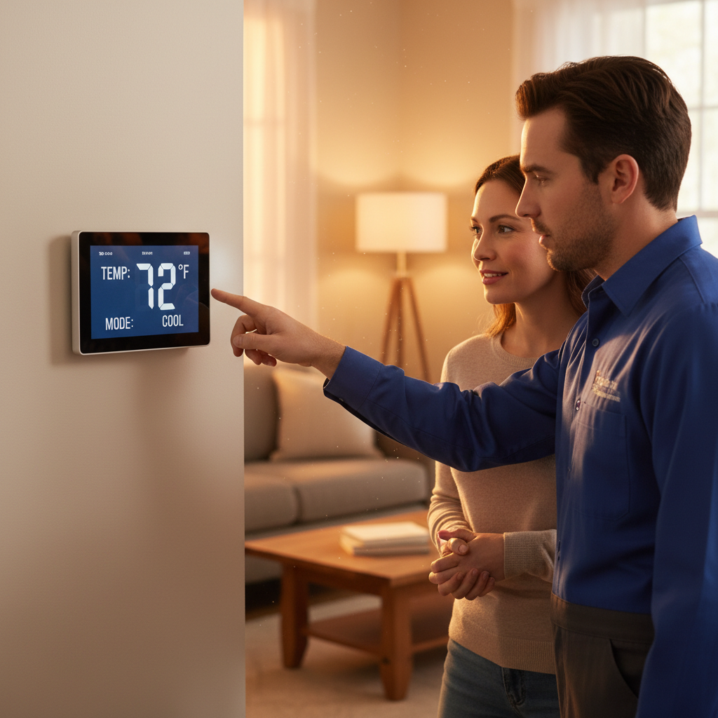 Apprendre à régler sa PAC pour optimiser le confort d'été sans surconsommation. Technicien expliquant les réglages d'un thermostat mural à un propriétaire de maison.