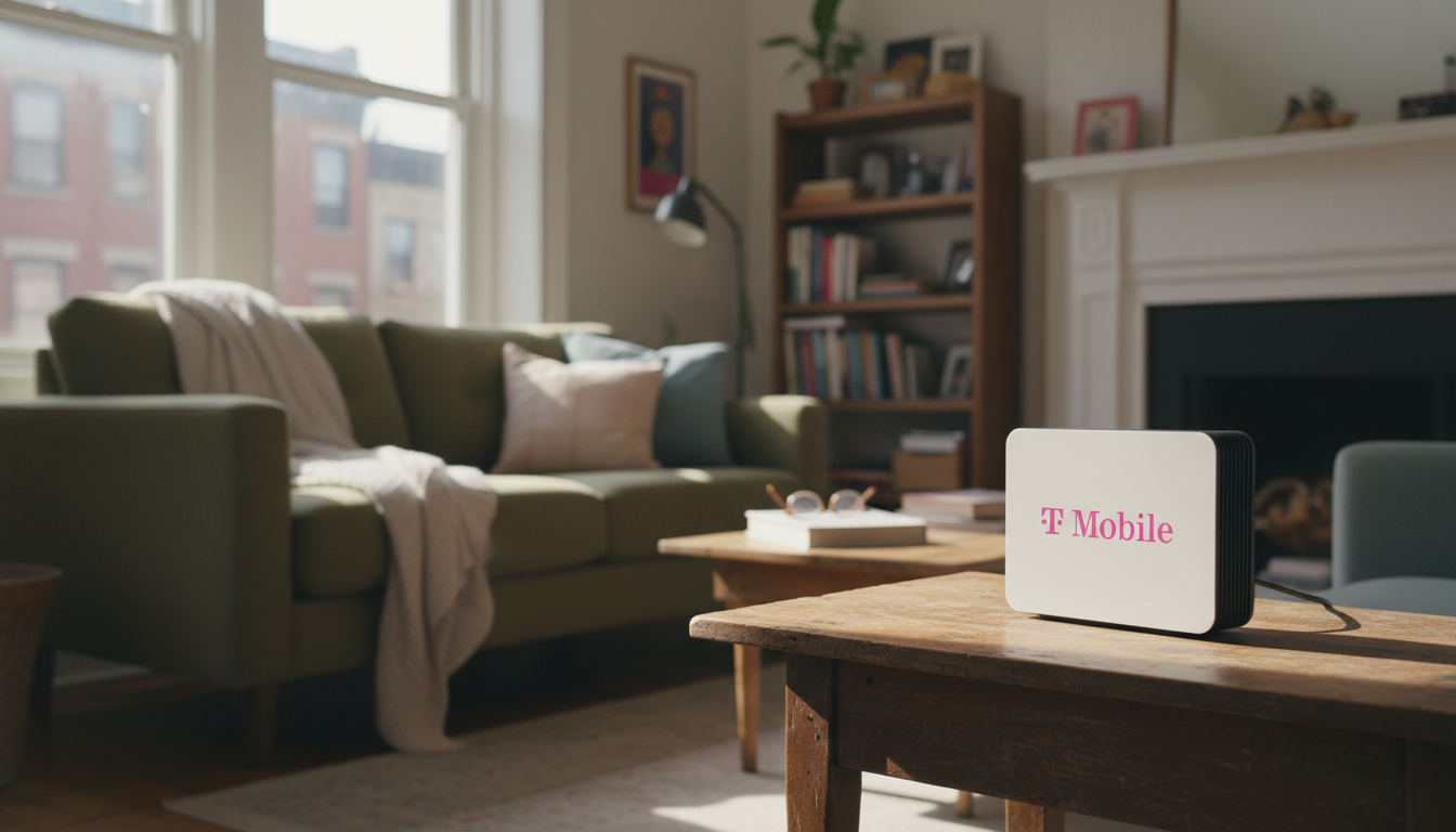 Managed Wi-Fi starts with professional-grade hardware like our T-Mobile for Business routers. A compact T-Mobile wireless business internet router sitting on a wooden table in a natural light setting.