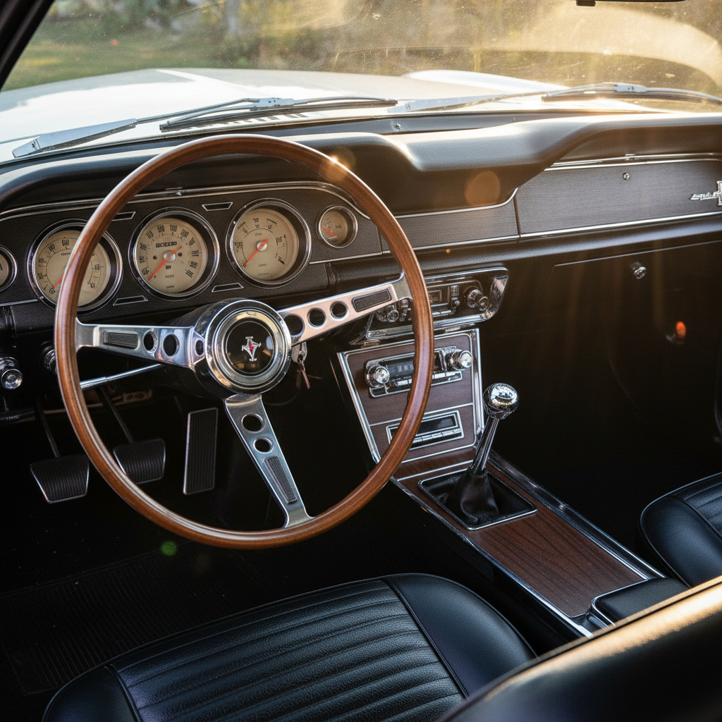 El cableado y los componentes del tablero requieren piezas que respeten el diseño original de Ford. Tablero de Mustang clásico con instrumentos pulidos e interior restaurado mostrando componentes eléctricos en funcionamiento.