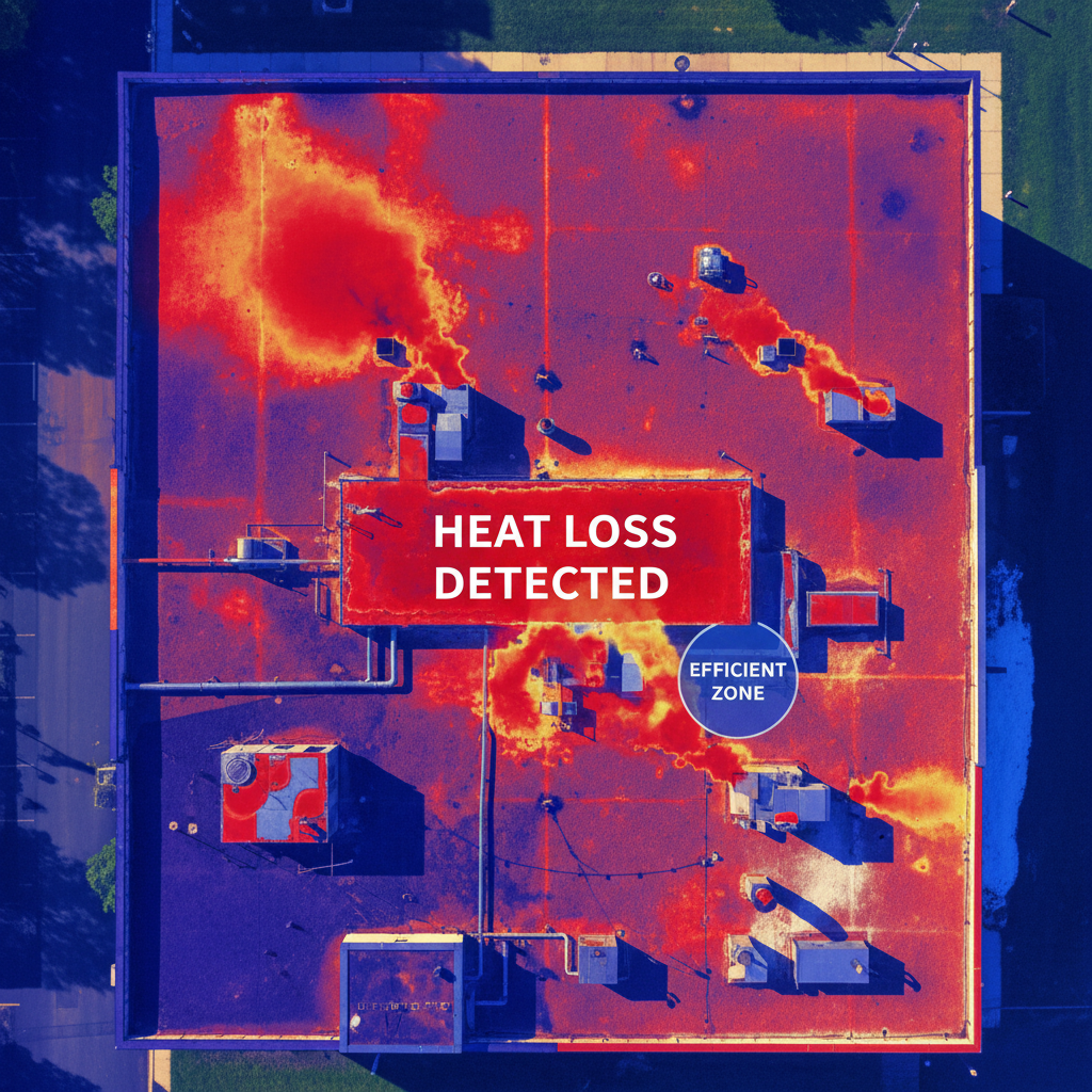 Thermal reality capture reveals heat signatures invisible to traditional survey methods. Aerial radiometric thermal image of a building roof showing blue and red heat signature gradients.