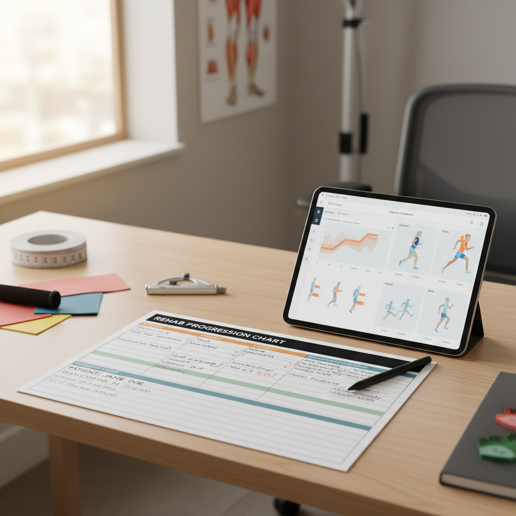 A clinical assessment involves detailed data recording and personalized programming beyond just shoe selection. Overhead view of a physical therapist's desk with biomechanics assessment tools and running form diagrams.