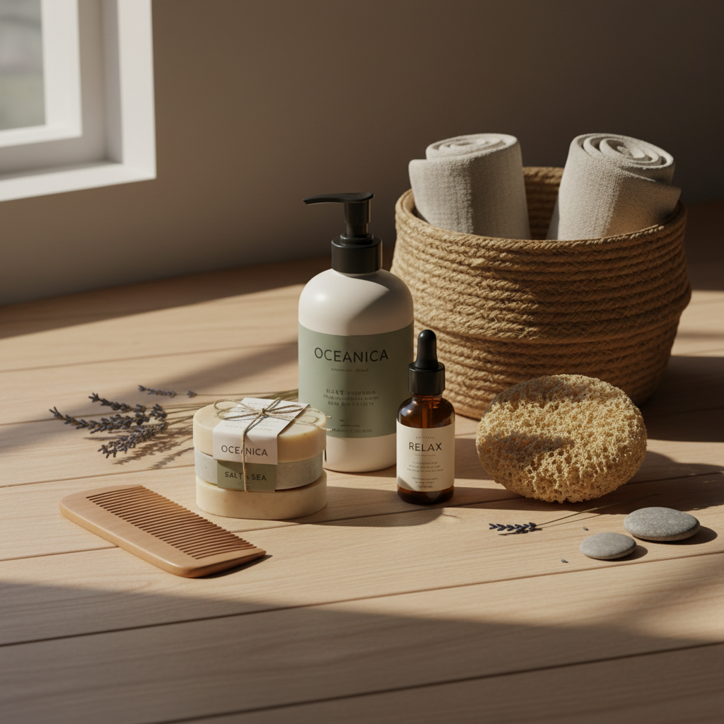 Elevating everyday personal care with thoughtfully selected wellness essentials. Personal care and wellness items like lotions and soaps arranged on a natural wood surface in soft light.