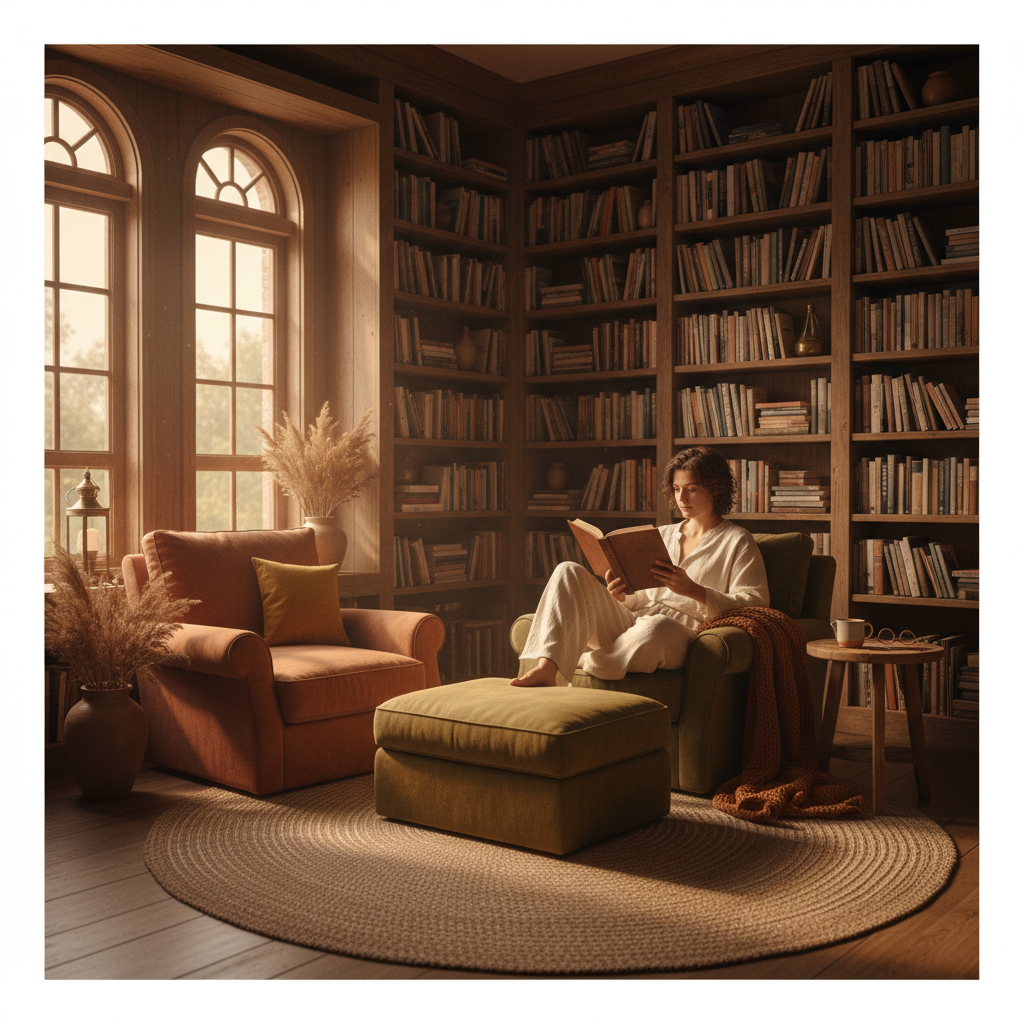 In 2026, the physical book remains the gold standard for a deep, focused reading experience. A cozy reading corner with a comfortable chair and soft lighting, surrounded by full bookshelves.
