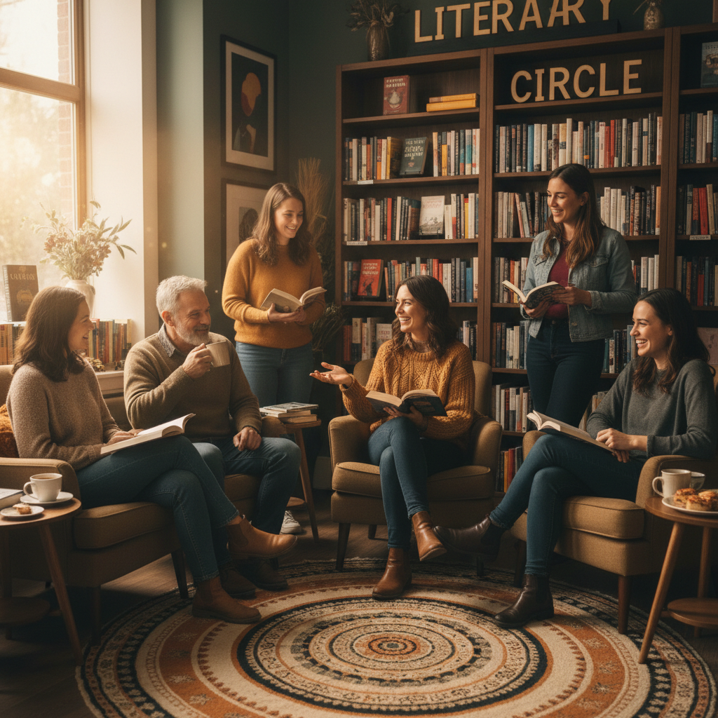 Community gatherings foster connection and shared interest in the freedom to read. A group of diverse readers gathered together in a bookstore setting, listening attentively and engaging in community conversation.